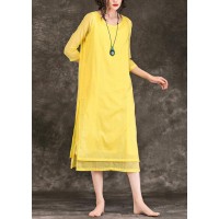 Bohemian yellow Cotton Long dress o neck patchwork Midi Summer Dresses