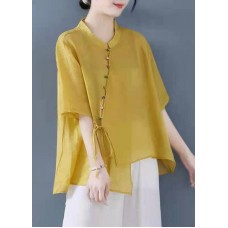 Vintage Yellow Solid Stand Collar Asymmetrical Design Shirt Top Half Sleeve