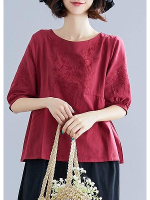 Art o neck embroidery cotton Blouse Sewing burgundy shirt summer