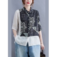 Vintage Black Peter Pan Collar Button Patchwork Print Fall Shirt Half Sleeve