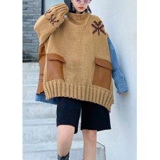 Fashion fall khaki knit tops plus size o neck patchwork sweater tops