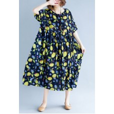 Classy navy print linen dresses plus size Work o neck short sleeve cotton robes Summer Dresses