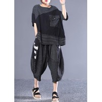 Natural cotton Blouse Organic Striped Spliced Short Sleeve Blouse And Pants