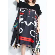 Classy black print clothes Drops Design patchwork asymmetric robes Summer Dress