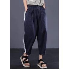 dark blue casual cotton elastic waist white striped patchwork pants