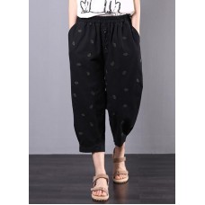 summer new black vintage leaf embroidery seven points elastic waist casual pants