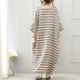 Elegant gray striped long linen dresses Loose fitting o neck gown fine batwing sleeve kaftans