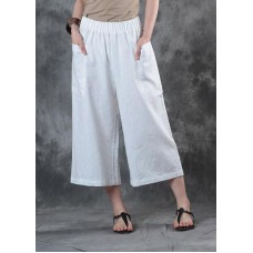 2019 women linen pants loose elastic waist crop white pants