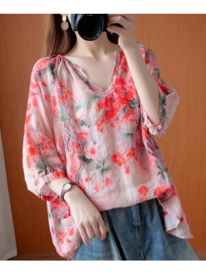 Handmade v neck summer Shirts Wardrobes red print blouses