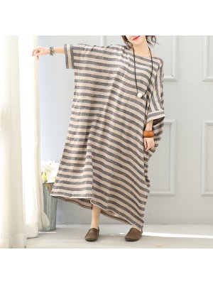 Elegant gray striped long linen dresses Loose fitting o neck gown fine batwing sleeve kaftans