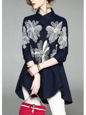 Handmade Blue Peter Pan Collar Embroideried Asymmetrical Design Cotton Long Shirt Half Sleeve