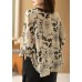 Art Beige Print Asymmetric Top Cotton Linen V Neck