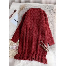 Chunky o neck thick Sweater fall Wardrobes Classy red Largo knitted dress