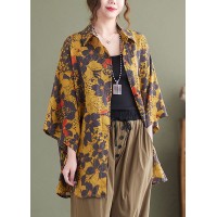 Baggy Yellow Peter Pan Collar Print Linen Shirt Top Half Sleeve