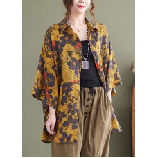 Baggy Yellow Peter Pan Collar Print Linen Shirt Top Half Sleeve