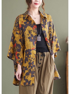 Baggy Yellow Peter Pan Collar Print Linen Shirt Top Half Sleeve