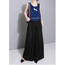 black elegant blended women trousers plus size elastic waist straight pants