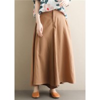 Women's simple retro solid color elastic waist casual khaki wide leg culottes