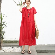 French cotton quilting clothes Fashion Linen Cotton Women Short Sleeve Stripe Red Dress