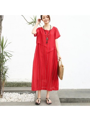 French cotton quilting clothes Fashion Linen Cotton Women Short Sleeve Stripe Red Dress