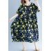 Classy navy print linen dresses plus size Work o neck short sleeve cotton robes Summer Dresses