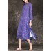 DIY purple print linen Long Shirts Fashion Neckline stand collar side open loose Summer Dresses