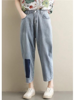 Casual Korean version of light blue pants loose wild nine points jeans elastic waist pants